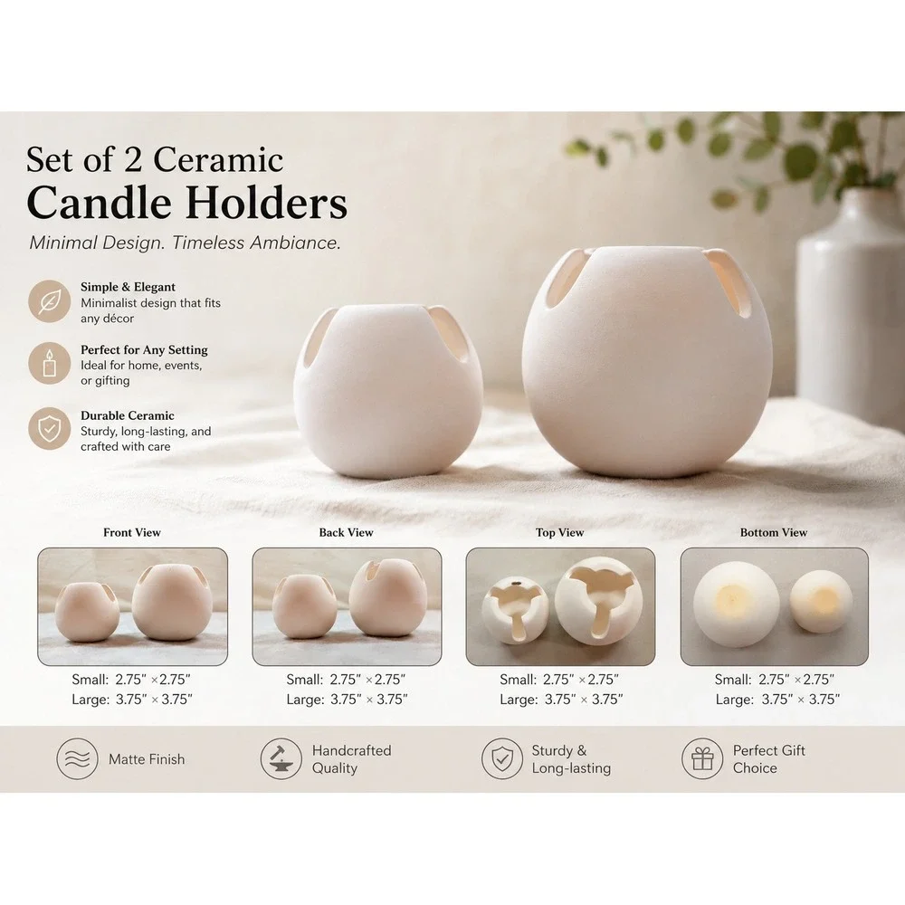 Set‎ of 2 Minimalist Matte White Ceramic Orb Vases Tri-Slot Spherical Pottery